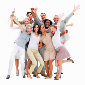Happy business people laughing against white background